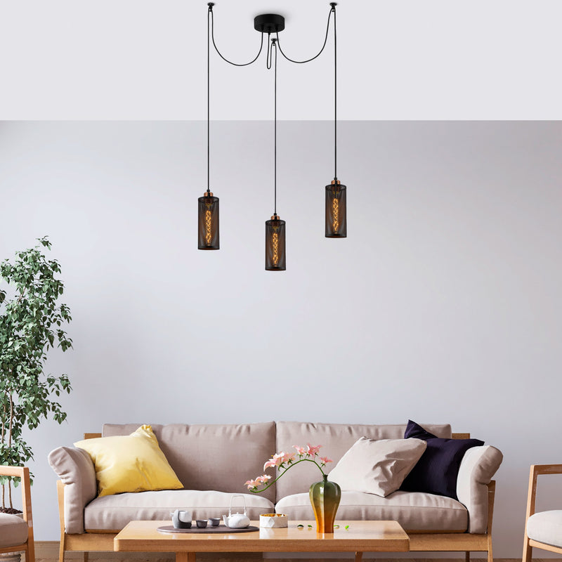 Lampadario stile industriale 3 luci in metallo nero cm 100x10x114h