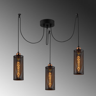 Lampadario stile industriale 3 luci in metallo nero cm 100x10x114h
