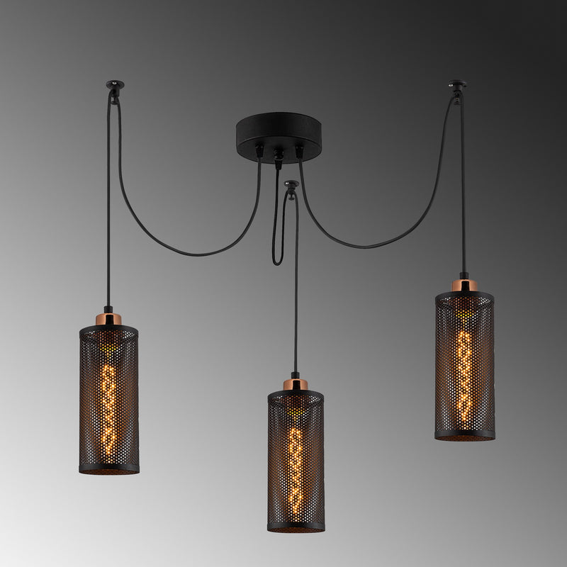 Lampadario stile industriale 3 luci in metallo nero cm 100x10x114h