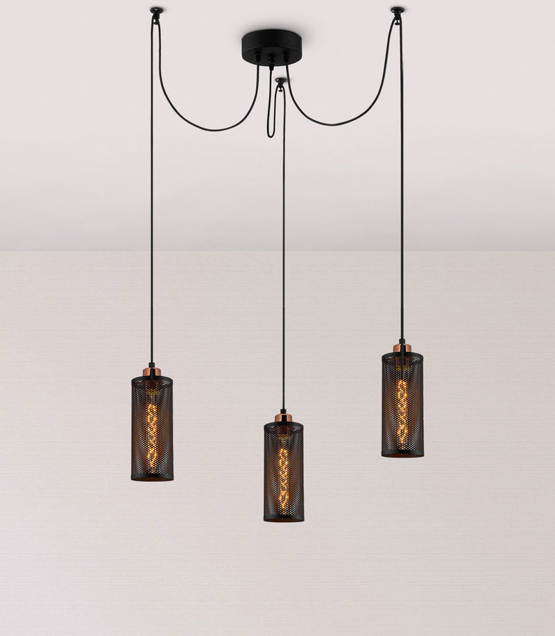 Lampadario stile industriale 3 luci in metallo nero cm 100x10x114h