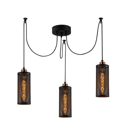 lampadario a sospensione stile industriale 3 luci con paralumi a rete metallica forma cilindrica