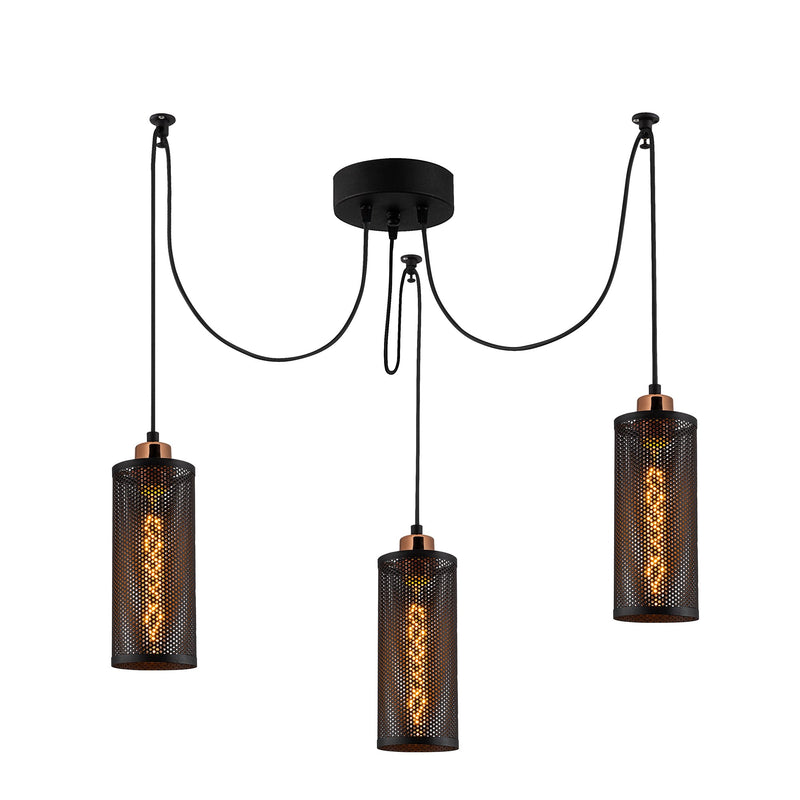 lampadario a sospensione stile industriale 3 luci con paralumi a rete metallica forma cilindrica