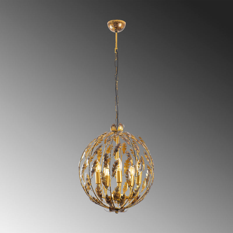 Lampadario tondo regolabile con foglie in metallo dorato e nero cm 41x156h