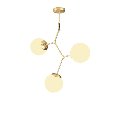 lampadario moderno a sospensione in metalo colore oro con paralumi tondi in vetro bianco