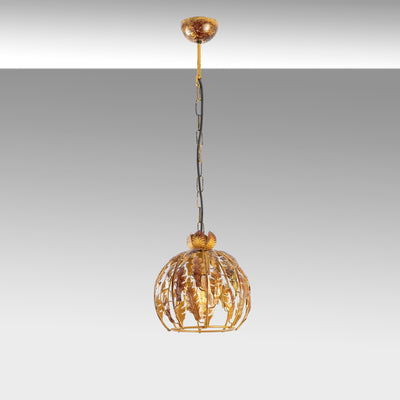 lampadario moderno elegante a sospensione una luce  paralume tondo con foglie in metallo colore oro e rosso