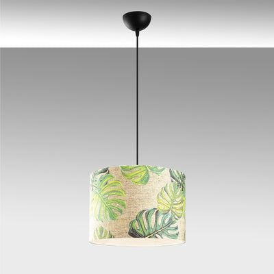 Lampadario moderno con paralume in tessuto fantasia con foglie cm 40x124h