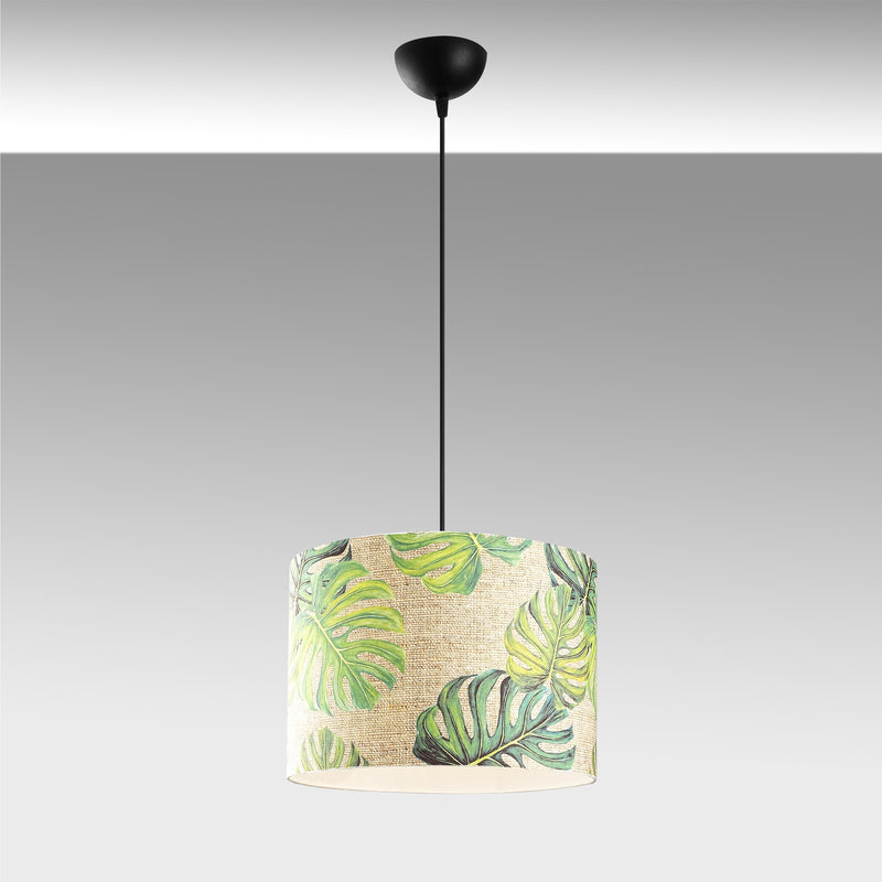 Lampadario moderno con paralume in tessuto fantasia con foglie cm 40x124h