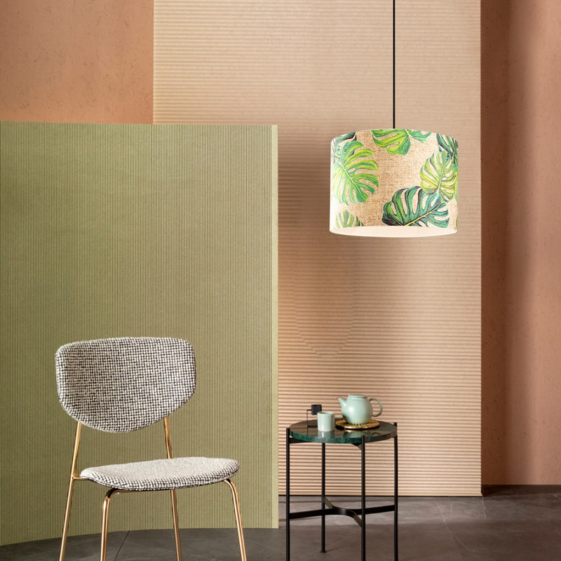 Lampadario moderno con paralume in tessuto fantasia con foglie cm 40x124h