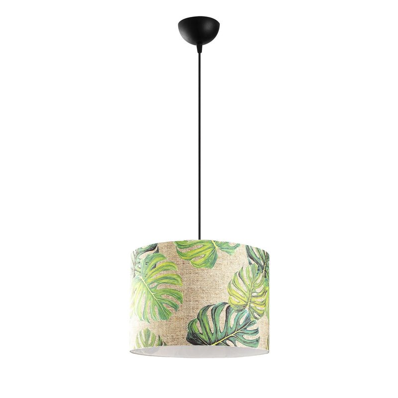 lampadario moderno a sospensione con paralume in tessuto cilindrico decorato co foglie tropicali