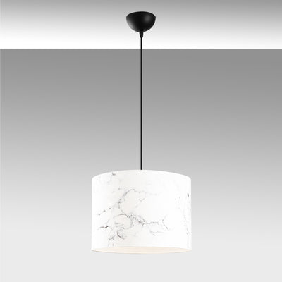 lampadario moderno a sospensione con paralume in tessuto fantasia marmo bianco