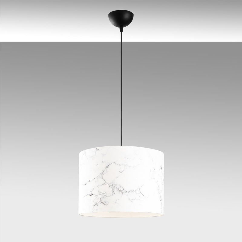 lampadario moderno a sospensione con paralume in tessuto fantasia marmo bianco