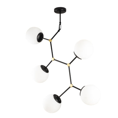 Lampadario design 5 luci moderno in metallo nero e vetro bianco cm 74x15x84h