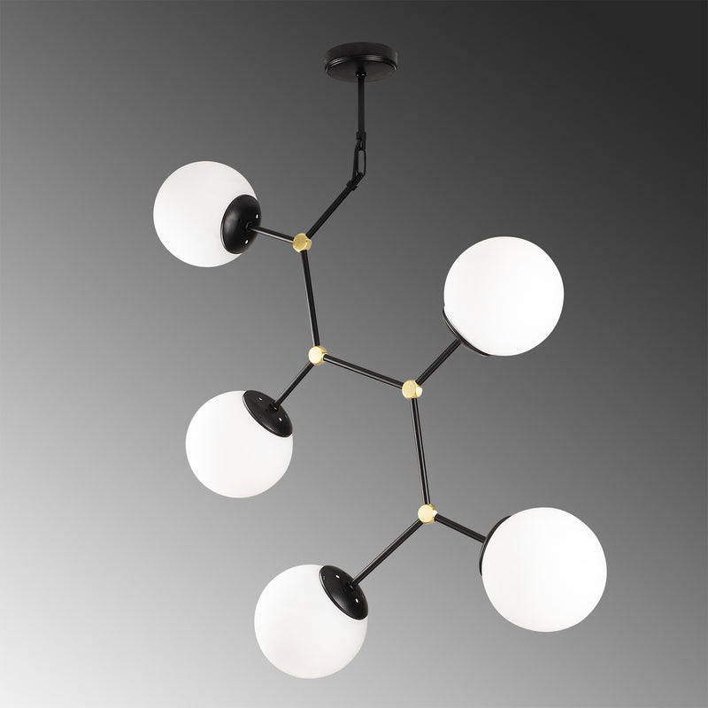 Lampadario design 5 luci moderno in metallo nero e vetro bianco cm 74x15x84h