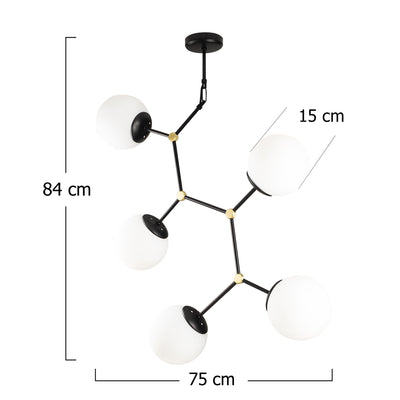Lampadario design 5 luci moderno in metallo nero e vetro bianco cm 74x15x84h