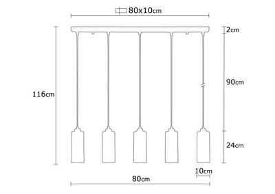 Lampadario a sospensione 5 luci in metallo nero stile industriale cm 80x10x116h