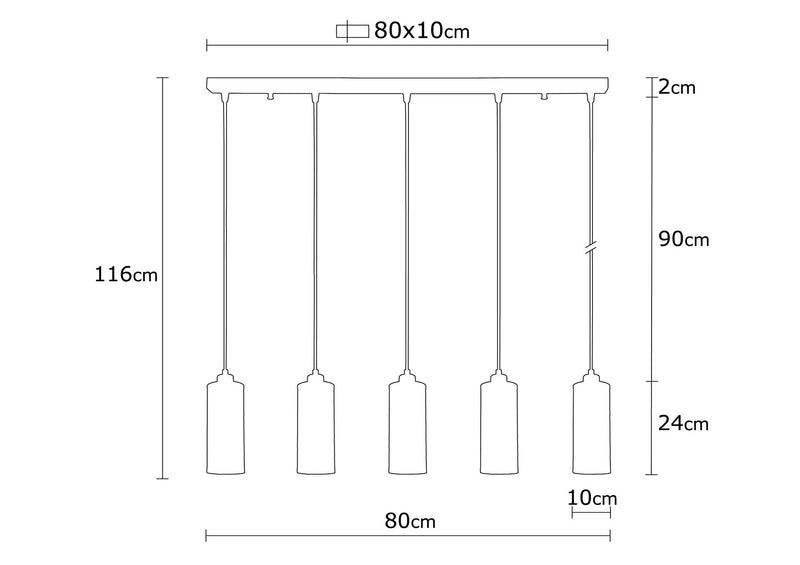 Lampadario a sospensione 5 luci in metallo nero stile industriale cm 80x10x116h