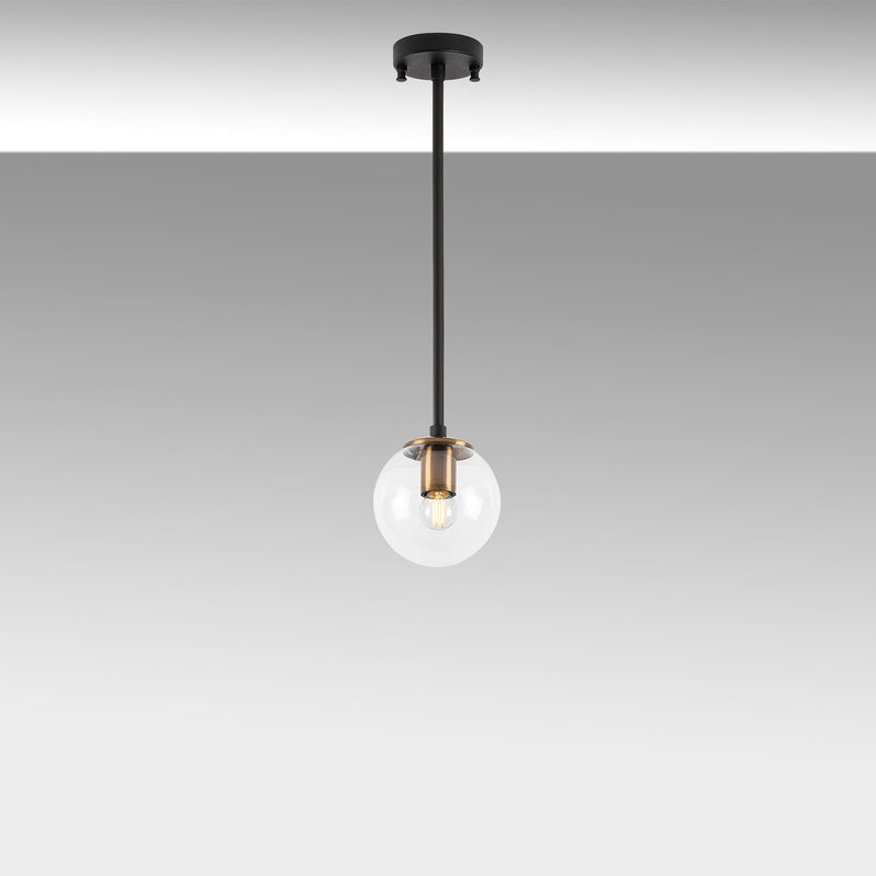 Lampadario una luce in metallo nero paralume a sfera in vetro trasparente cm 15x15x61h