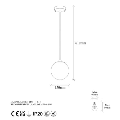 Lampadario una luce in metallo nero paralume a sfera in vetro trasparente cm 15x15x61h