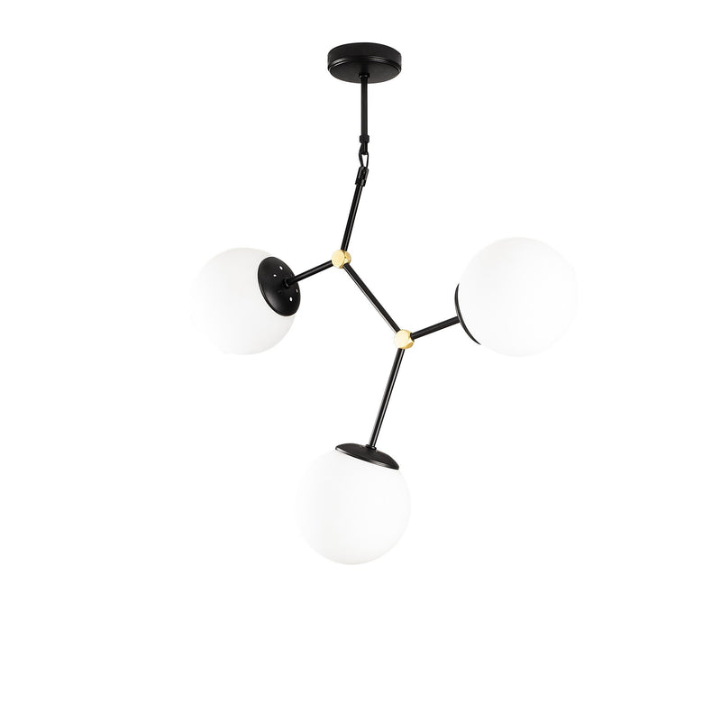 Lampadario 3 luci moderno in metallo nero paralumi tondi in vetro cm 55x15x65h