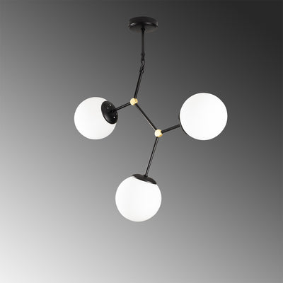 Lampadario 3 luci moderno in metallo nero paralumi tondi in vetro cm 55x15x65h