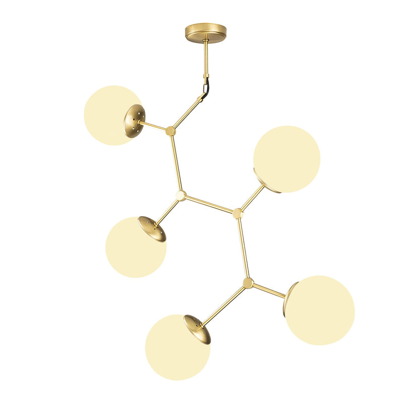 lampadario moderno design in metallo dorato 5 paralumi in vetro bianco