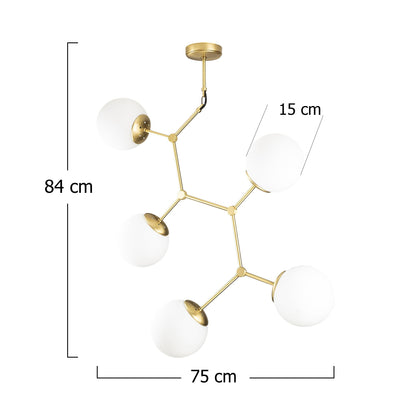 Lampadario moderno elegante in metallo dorato 5 paralumi in vetro cm 74x15x84h