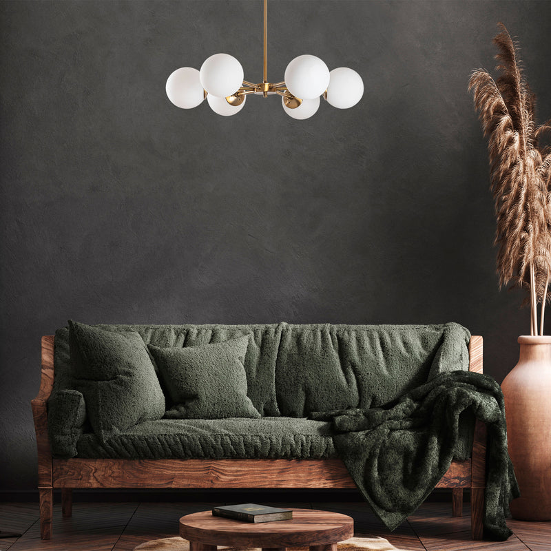 Lampadario moderno regolabile 6 bracci in metallo dorato e vetro cm 73x72h