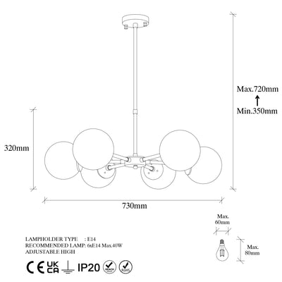 Lampadario moderno regolabile 6 bracci in metallo dorato e vetro cm 73x72h