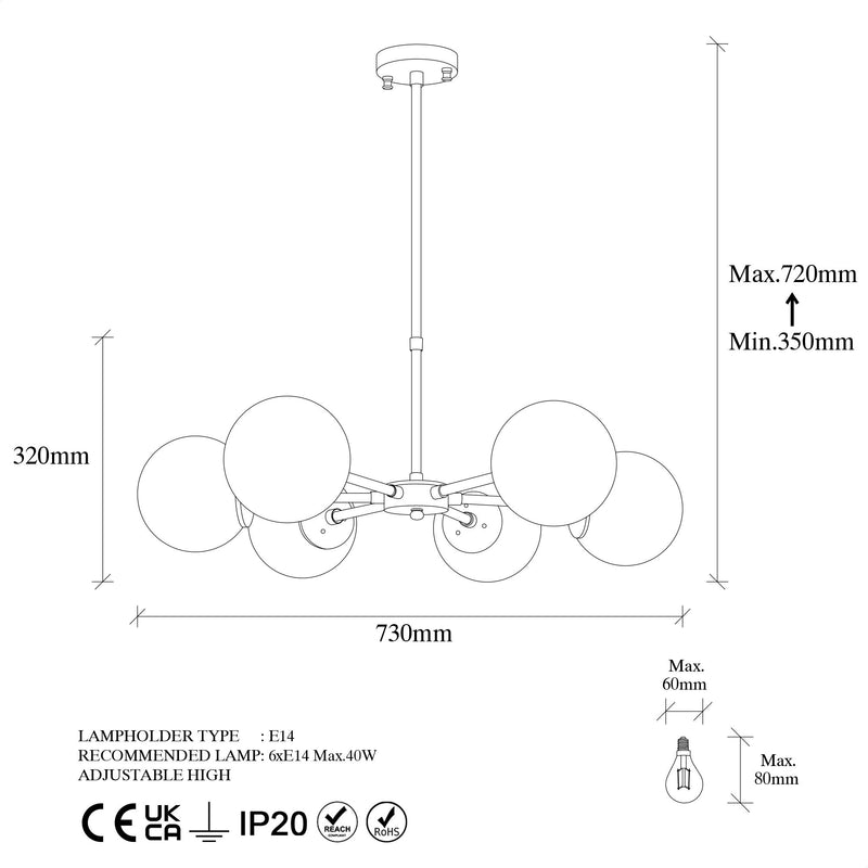 Lampadario moderno regolabile 6 bracci in metallo dorato e vetro cm 73x72h