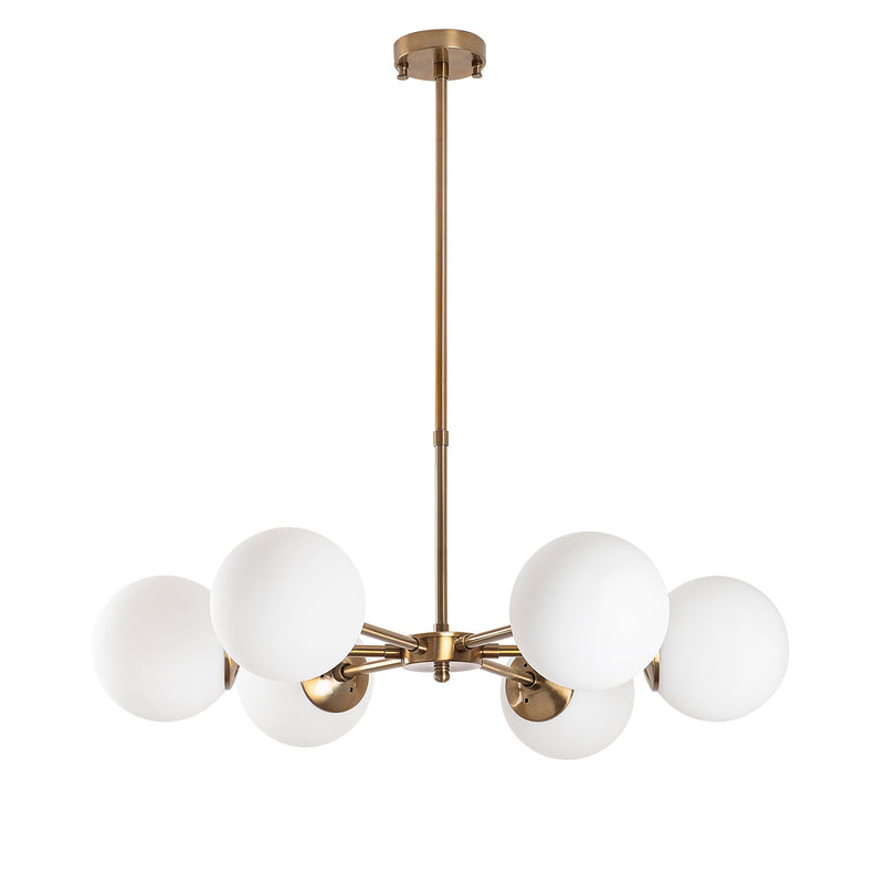 lampadario a sospensione moderno 6 bracci struttura in metallo dorato 6 paralumi a sfera in vetro bianco