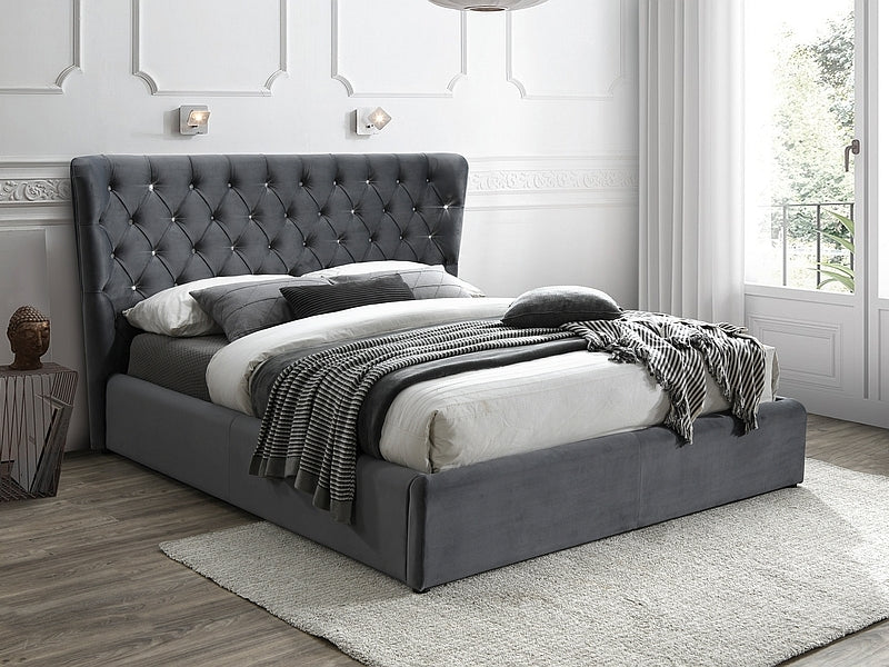 Letto matrimoniale elegante con pietre sullo schienale in velluto grigio cm 225x199x123h