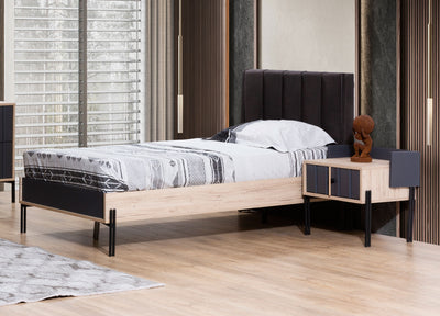 letto singolo design in legno quercia con testiera in tessuto nero
