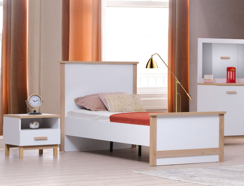 letto singolo moderno in legno bianco e rovere naturale