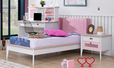 letto singolo in legno bianco e rovere naturale con testiera in tessuto rosa