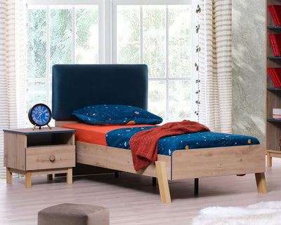 letto singolo per cameretta in legno finitura quercia testiera rivestita in tessuto blu