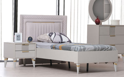 letto moderno singolo in legno grigio chiaro testiera rivestita in tessuto grigio