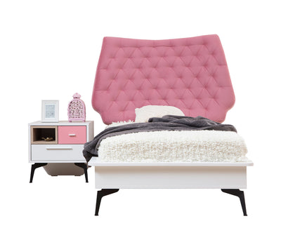 Letto singolo design per cameretta in tessuto rosa e legno bianco cm 128x199x116h
