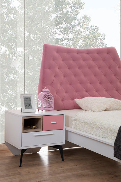 Letto singolo design per cameretta in tessuto rosa e legno bianco cm 128x199x116h