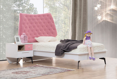 letto moderno singolo per cameretta testiera in tessuto rosa e legno bianco