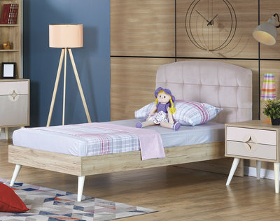 letto moderno singolo in legno rovere testiera in tessuto rosa