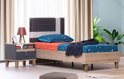 letto moderno singolo in legno rovere testiera con cuscino in tessuto antracite e bianco