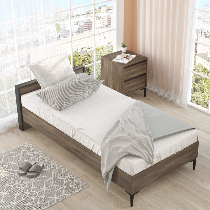 Letto singolo sommier moderno in legno colore noce inserto antracite cm 98x200x59h