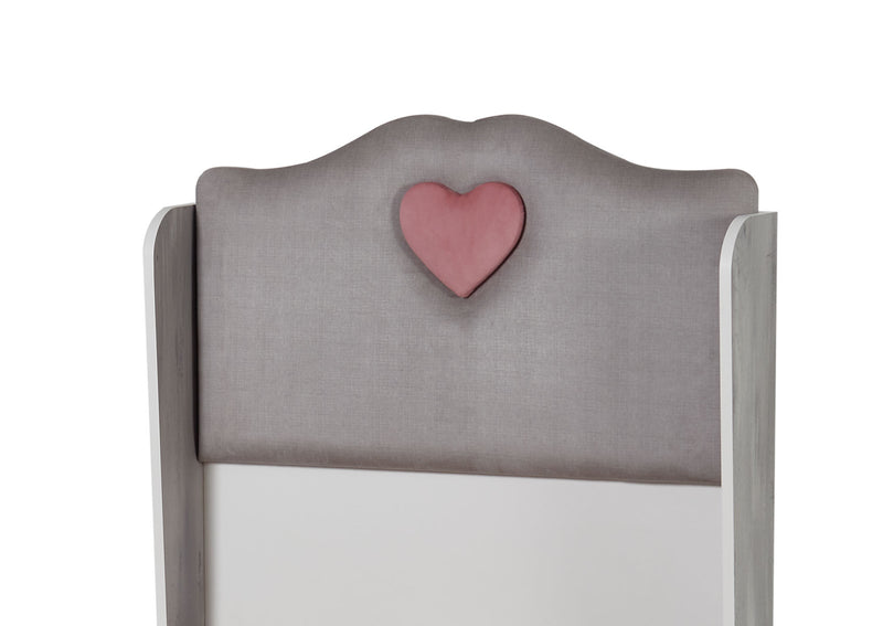 Letto cameretta bambina in legno e tessuto grigio e rosa con cuore cm 97x194x115h