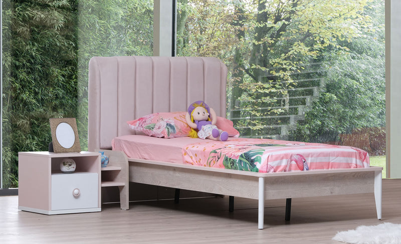 letto singolo moderno in legno rosa e rovere testiera in tessuto rosa