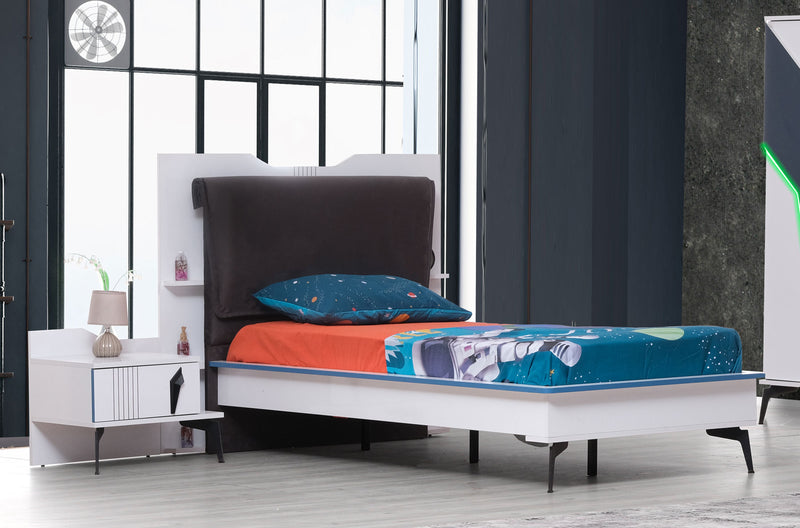 letto moderno singolo cameretta rafazzo in legno testiera con ripiani e cuscino in tessuto 