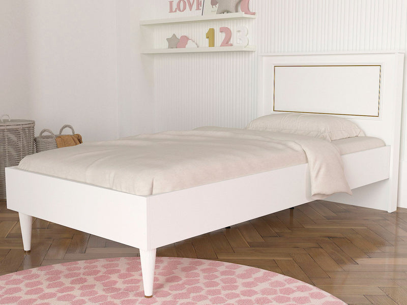 letto singolo stile classico in legno colore bianco con testiera bordino dorato