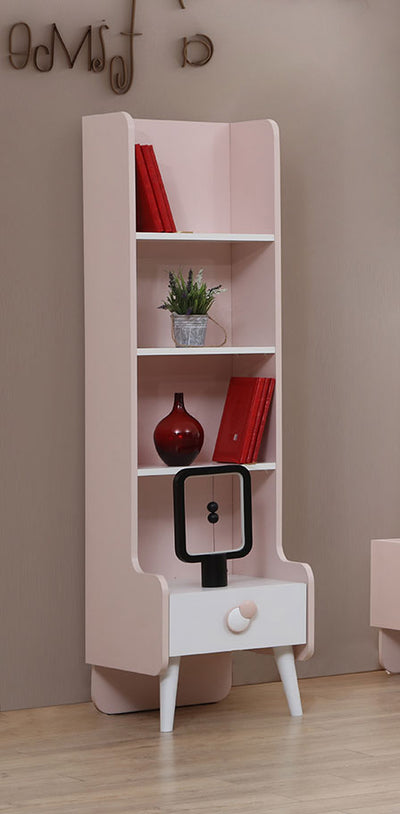 libreria a colonna con 4 ripiani e cassetto per cameretta bambina in legno bianco e rosa