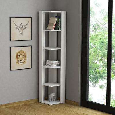 Libreria angolare in legno alta design moderno colore bianco opaco, 5 vani a giorno alti rispettivamente cm 30. Dimensioni cm 34x34x161h