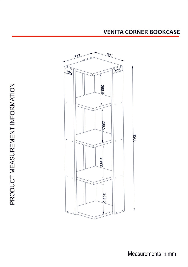 Libreria angolare moderna 4 ripiani in legno colore bianco cm 31x33x120h