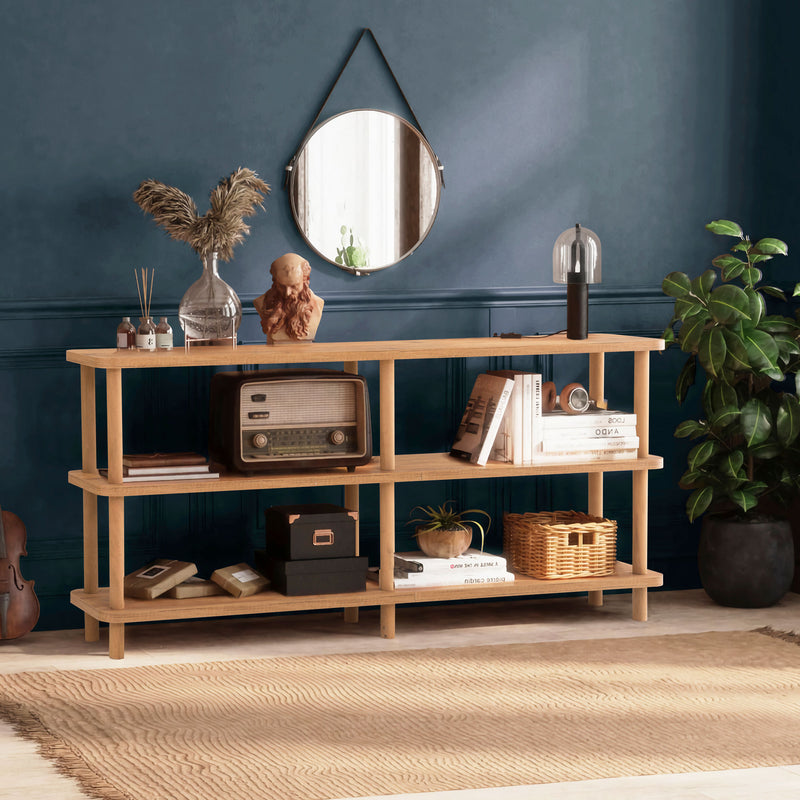 Libreria bassa per ingresso e ufficio in legno di carpino color pino atlantico opaco, 4 vani a giorno. Dimensioni cm 150x35x75h. Da montare senza attrezzi